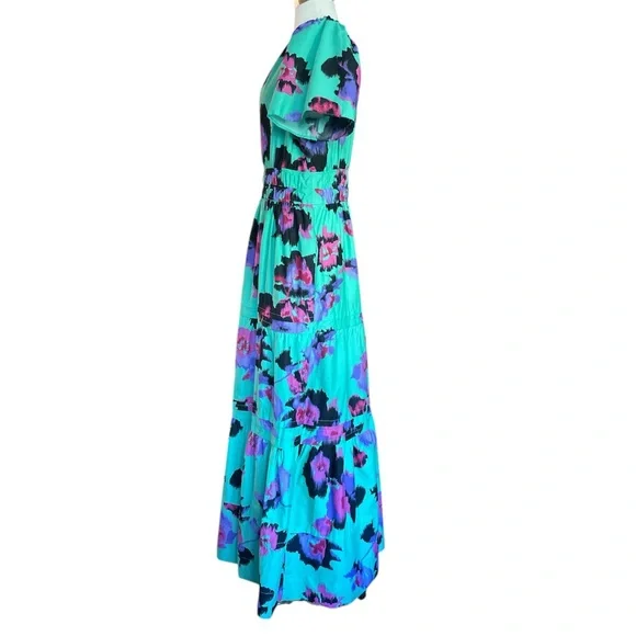 Anthropologie The Somerset Maxi Dress Teal & Purple Watercolor Floral Size M - Picture 6 of 7